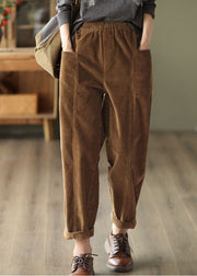 Caramel Patchwork Corduroy Harem Pants Oversized Pockets Spring