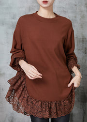 Caramel Patchwork Lace Cotton Loose Sweatshirt Oversized Spring
