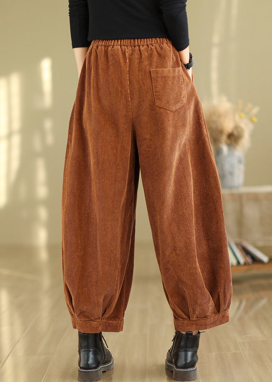 Caramel Pockets Patchwork Corduroy Pants Elastic Waist Fall