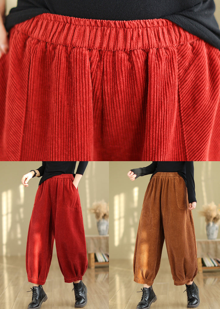 Caramel Pockets Patchwork Corduroy Pants Elastic Waist Fall