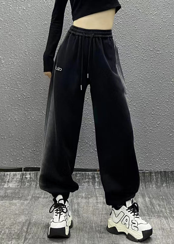 Casual And Comfortable Black Elastic Waist Warm Fleece Beam Pants Winter