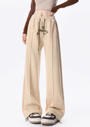 Casual Apricot Butterfly Embroidered Warm Fleece Wide Leg Pants Spring