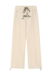 Casual Apricot Butterfly Embroidered Warm Fleece Wide Leg Pants Spring