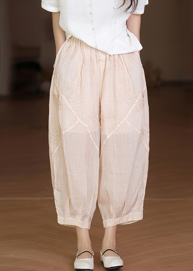 Casual Apricot Embroidered Pockets Linen Crop Pants Summer