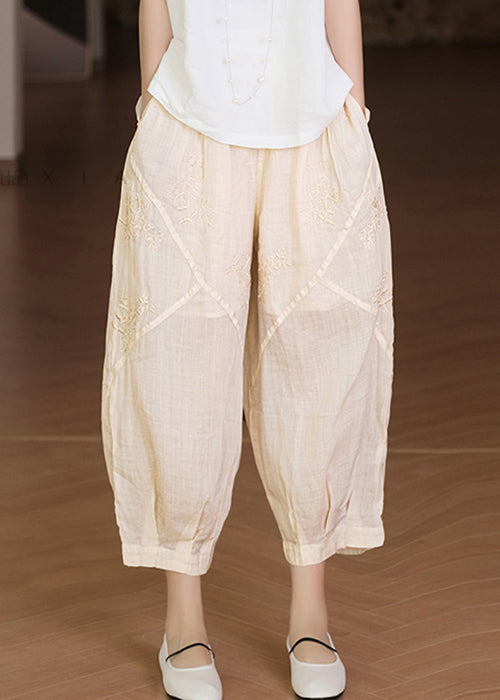 Casual Apricot Embroidered Pockets Linen Crop Pants Summer