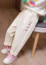 Casual Apricot Embroideried Pockets Kids Straight Pants Spring