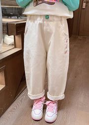 Casual Apricot Embroideried Pockets Kids Straight Pants Spring