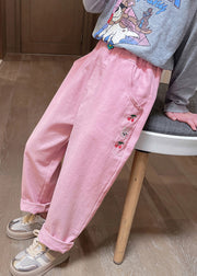 Casual Apricot Embroideried Pockets Kids Straight Pants Spring