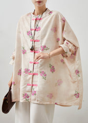 Casual Apricot Floral Chinese Button Linen Loose Shirt Top Spring