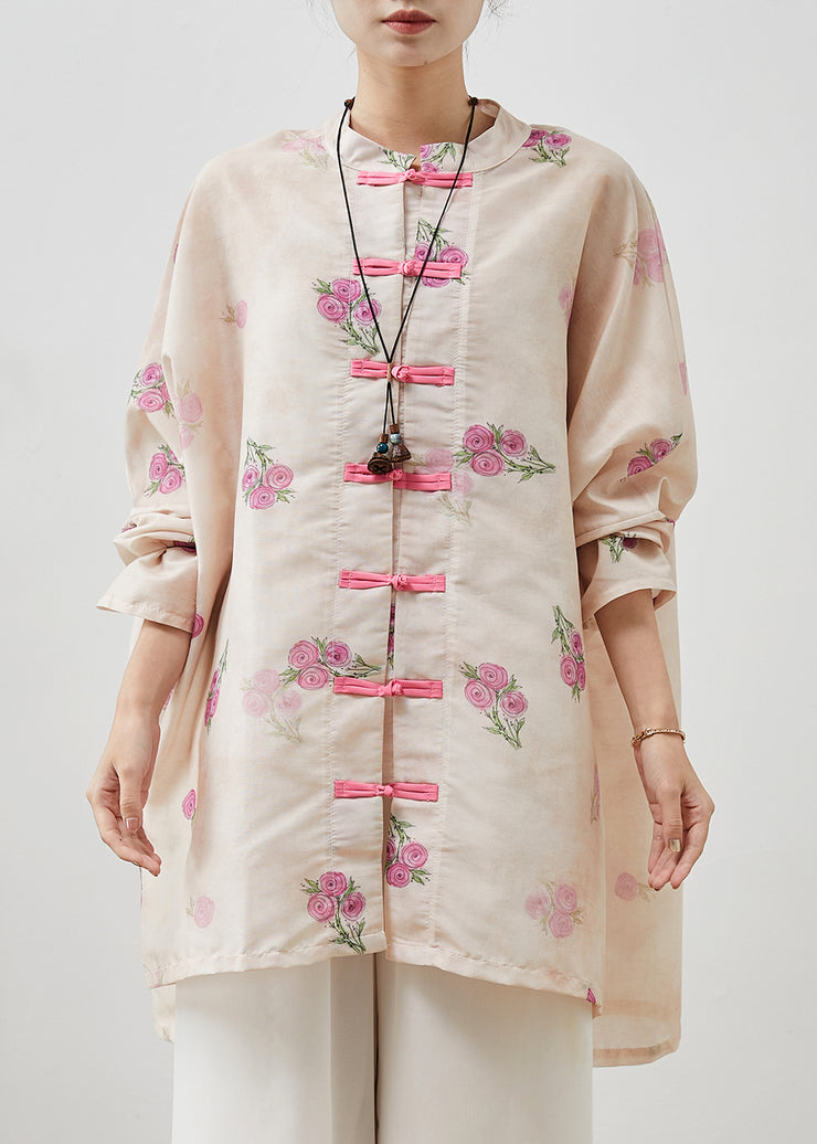 Casual Apricot Floral Chinese Button Linen Loose Shirt Top Spring