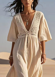 Casual Apricot Hollow Out Cotton A Line Dress Summer