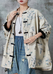 Casual Apricot Oversized Print Warm Fleece Coat Outwear Spring