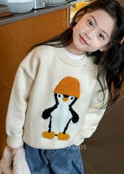 Casual Apricot Penguin Print Cotton Knit Girls Sweater Tops Spring