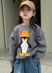 Casual Apricot Penguin Print Cotton Knit Girls Sweater Tops Spring