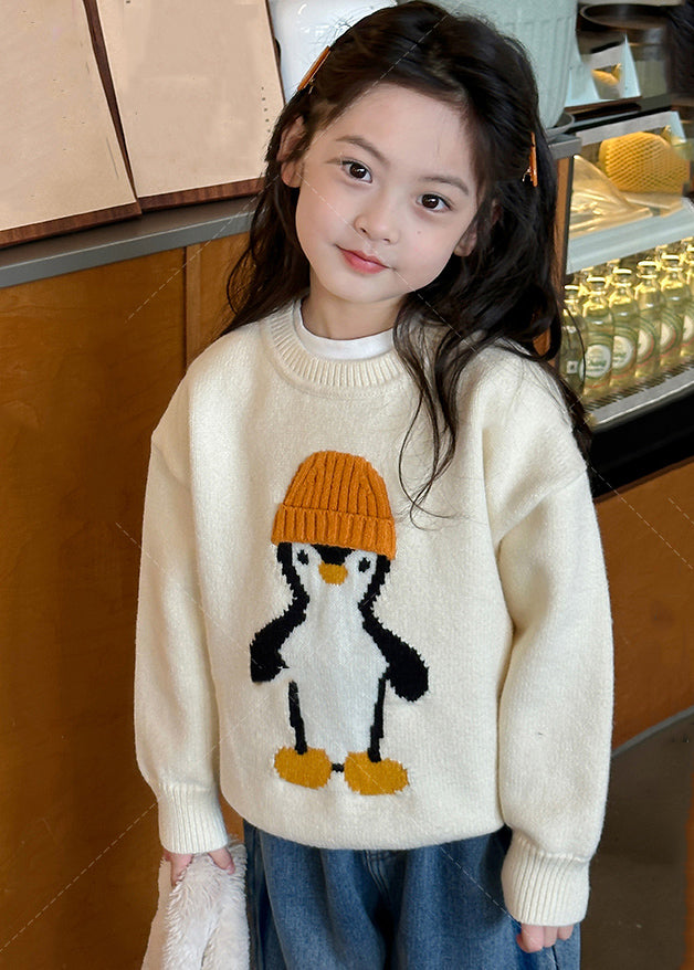 Casual Apricot Penguin Print Cotton Knit Girls Sweater Tops Spring