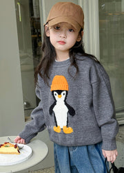 Casual Apricot Penguin Print Cotton Knit Girls Sweater Tops Spring