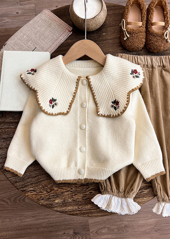 Casual Apricot Peter Pan Collar Embroideried Cotton Knit Kids Cardigan And Pants Two Pieces Set Winter