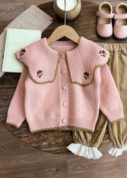 Casual Apricot Peter Pan Collar Embroideried Cotton Knit Kids Cardigan And Pants Two Pieces Set Winter