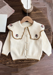 Casual Apricot Peter Pan Collar Embroideried Cotton Knit Kids Cardigan And Pants Two Pieces Set Winter