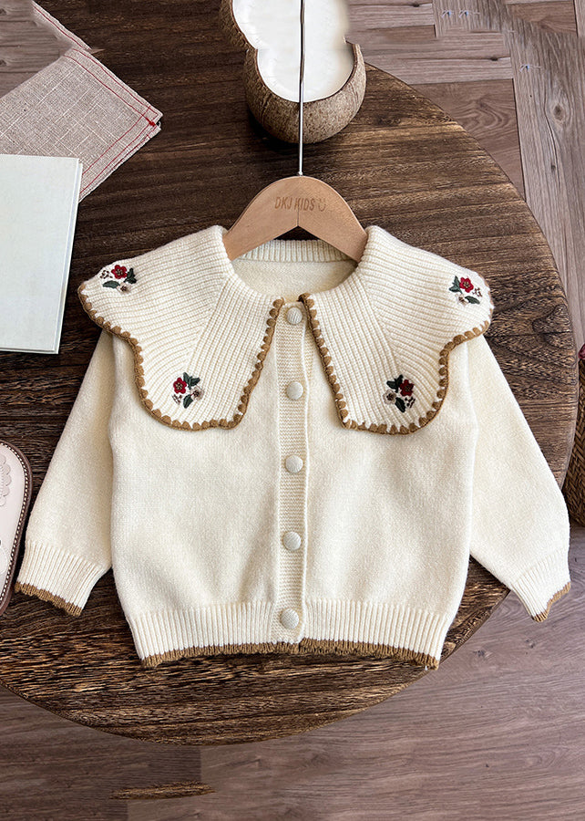 Casual Apricot Peter Pan Collar Embroideried Cotton Knit Kids Cardigan And Pants Two Pieces Set Spring