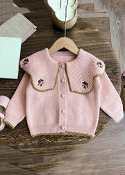 Casual Apricot Peter Pan Collar Embroideried Cotton Knit Kids Cardigan And Pants Two Pieces Set Spring