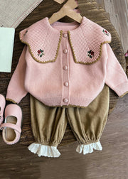 Casual Apricot Peter Pan Collar Embroideried Cotton Knit Kids Cardigan And Pants Two Pieces Set Winter