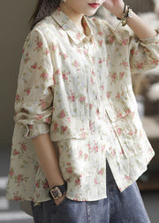 Casual Apricot Peter Pan Collar Print Patchwork Button Linen Shirt Long Sleeve