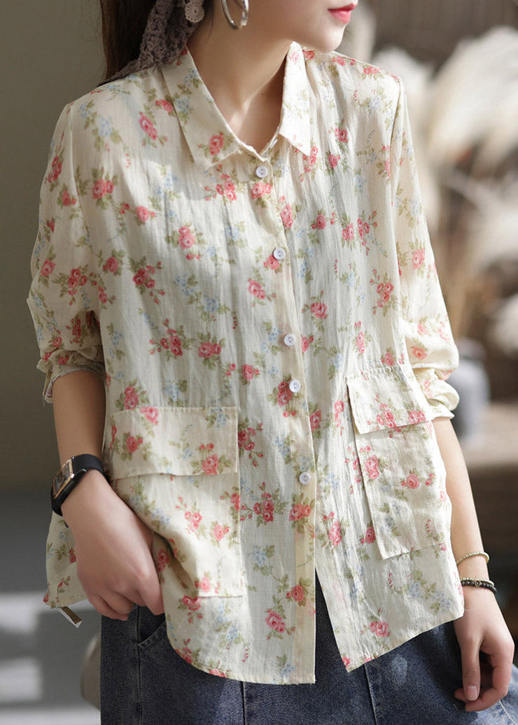 Casual Apricot Peter Pan Collar Print Patchwork Button Linen Shirt Long Sleeve