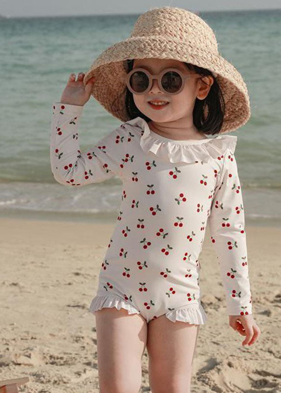 Casual Apricot Ruffled Patchwork Lace Tie Girls One Piece Swimsui  Long Sleeve