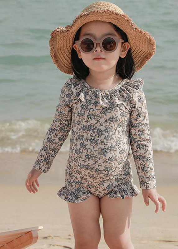 Casual Apricot Ruffled Patchwork Lace Tie Girls One Piece Swimsui  Long Sleeve