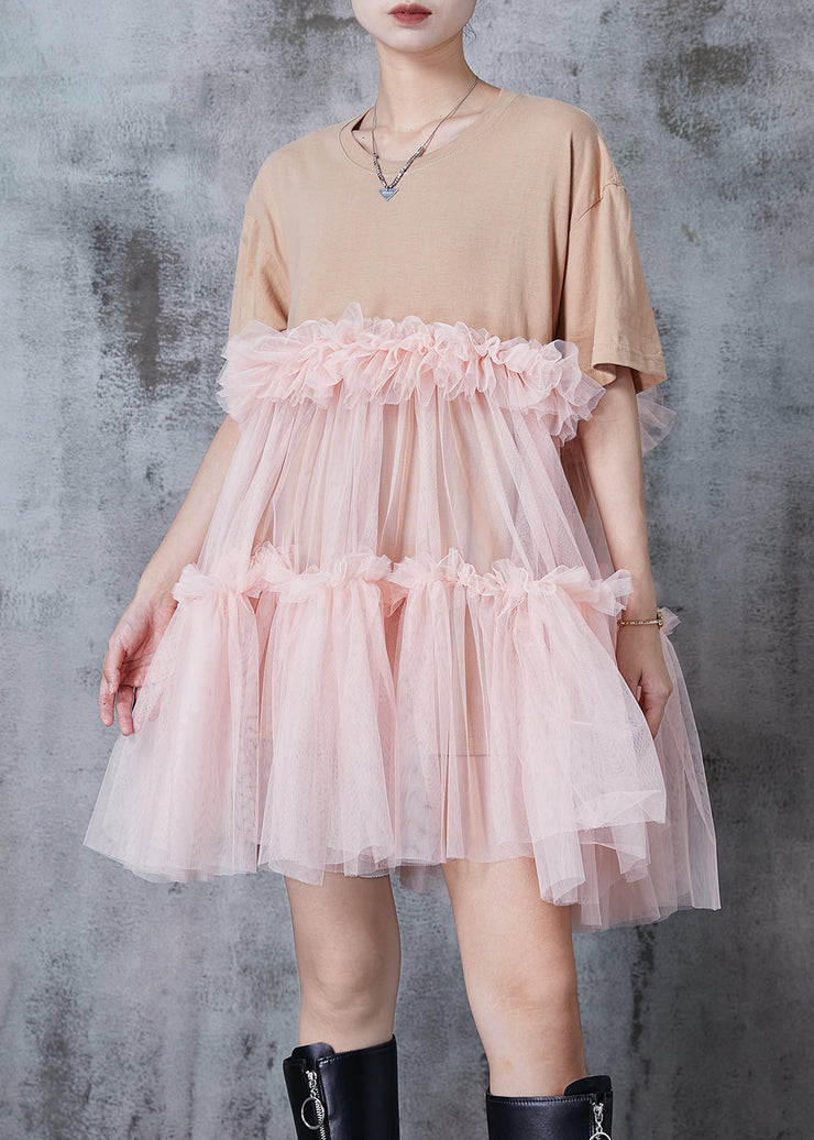 Casual Apricot Ruffled Patchwork Tulle Tea Dress Summer