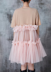 Casual Apricot Ruffled Patchwork Tulle Tea Dress Summer