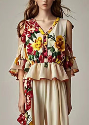 Casual Apricot Ruffled Patchwork Vest And Pants Two Pieces Set Sleeveless