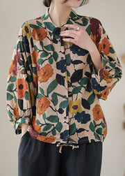 Casual Apricot Stand Collar Print Cotton Shirts Long Sleeve