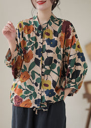 Casual Apricot Stand Collar Print Cotton Shirts Long Sleeve