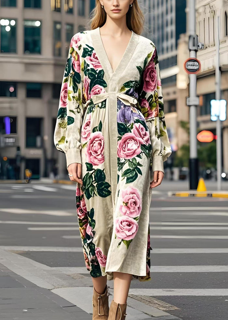 Casual Apricot V Neck Floral Print Silk Velvet Dress Spring