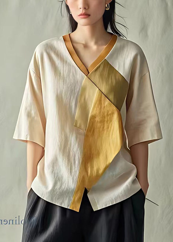 Casual Apricot V Neck Patchwork Linen Blouse Top Summer