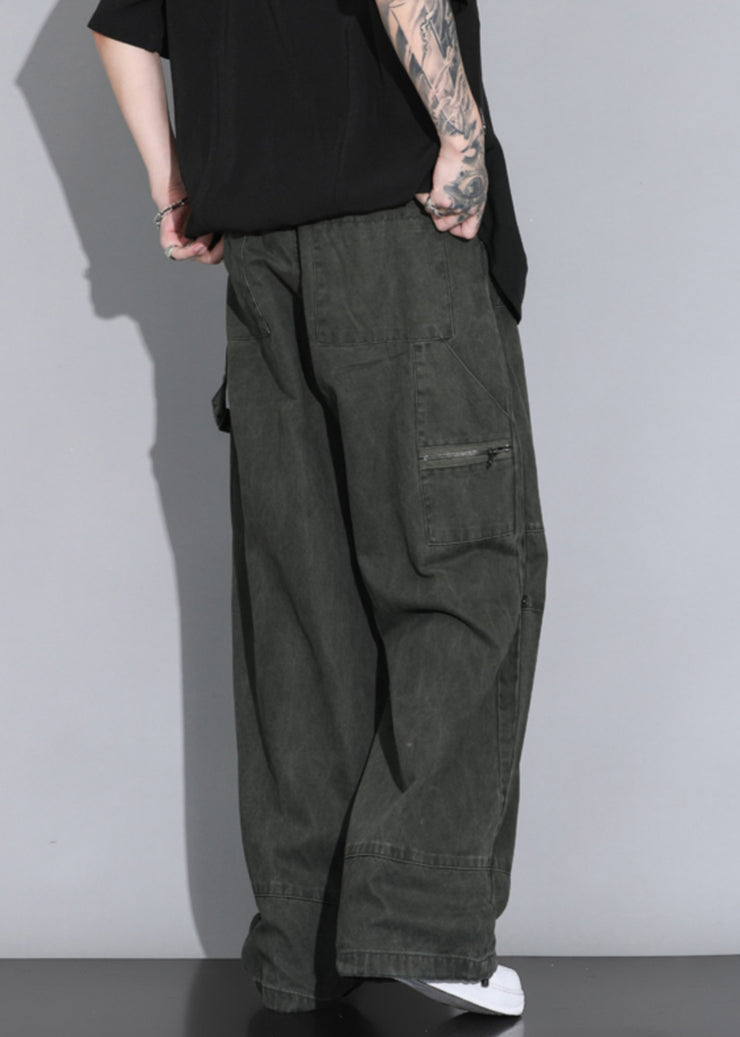 Casual Army Green Button Pockets Elastic Waist Cotton Men Straight Pants Spring