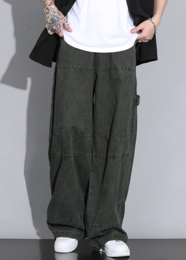 Casual Army Green Button Pockets Elastic Waist Cotton Men Straight Pants Spring