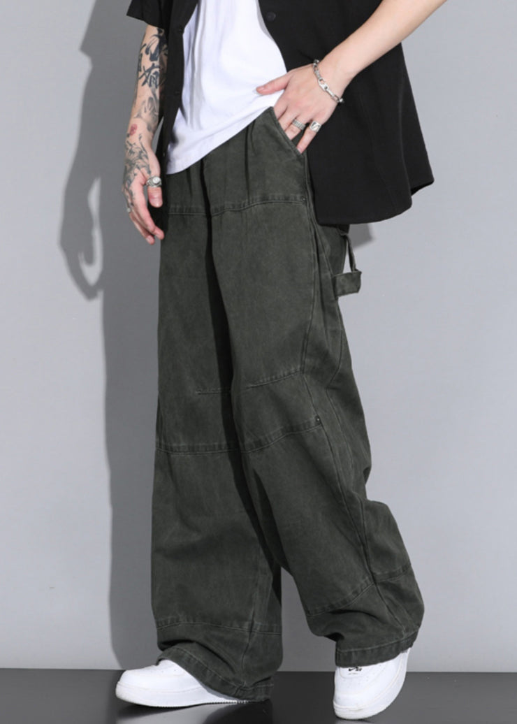 Casual Army Green Button Pockets Elastic Waist Cotton Men Straight Pants Spring