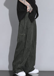 Casual Army Green Button Pockets Elastic Waist Cotton Men Straight Pants Spring