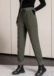 Casual Army Green Elastic Waist Pockets Duck Down Harem Pants Winter