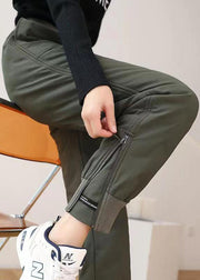 Casual Army Green Elastic Waist Pockets Duck Down Harem Pants Winter