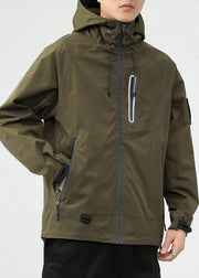 Casual Army Green Hooded Zippered Pockets Cotton Mens Coats Spring