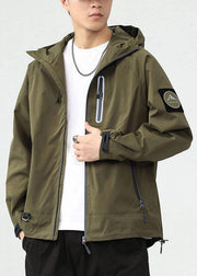 Casual Army Green Hooded Zippered Pockets Cotton Mens Coats Spring