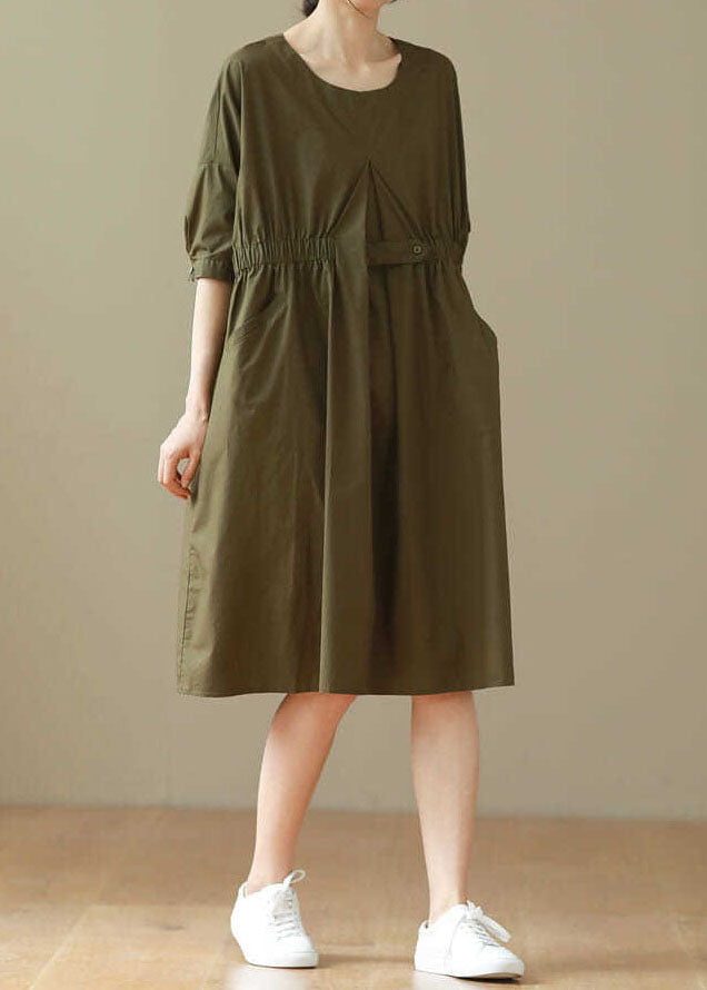 Casual Army Green O Neck Patchwork Cotton Mid Dresses Summer