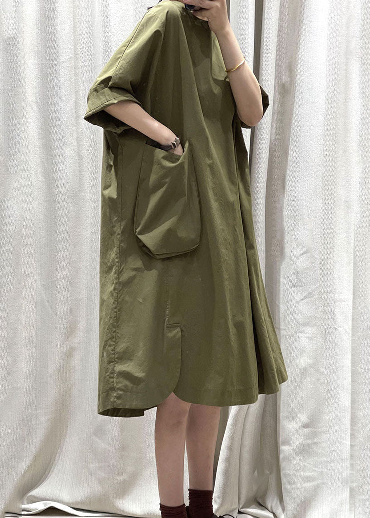 Casual Army Green O Neck Pockets Patchwork Cotton Mid Dress Summer