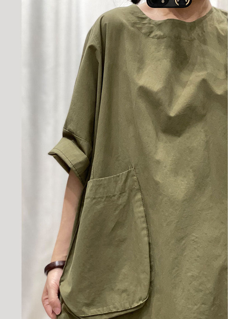 Casual Army Green O Neck Pockets Patchwork Cotton Mid Dress Summer