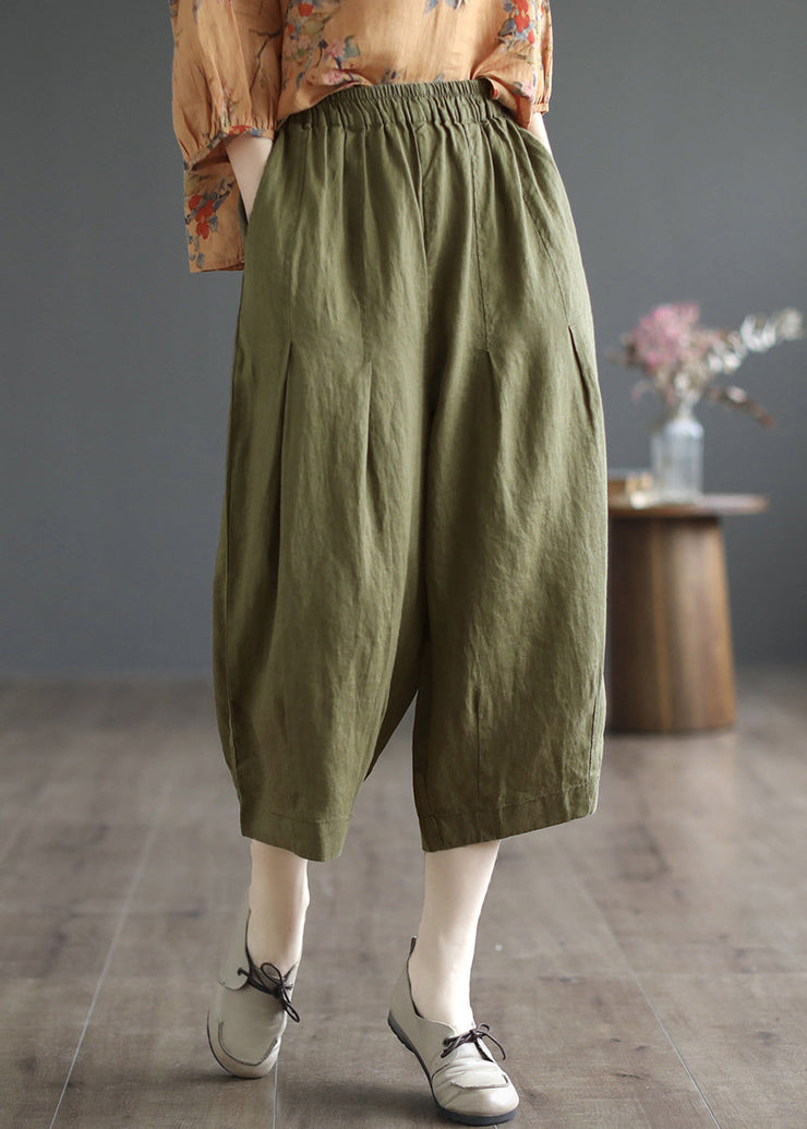 Casual Army Green Pockets Elastic Waist Cozy Linen Wide Leg Pants Summer