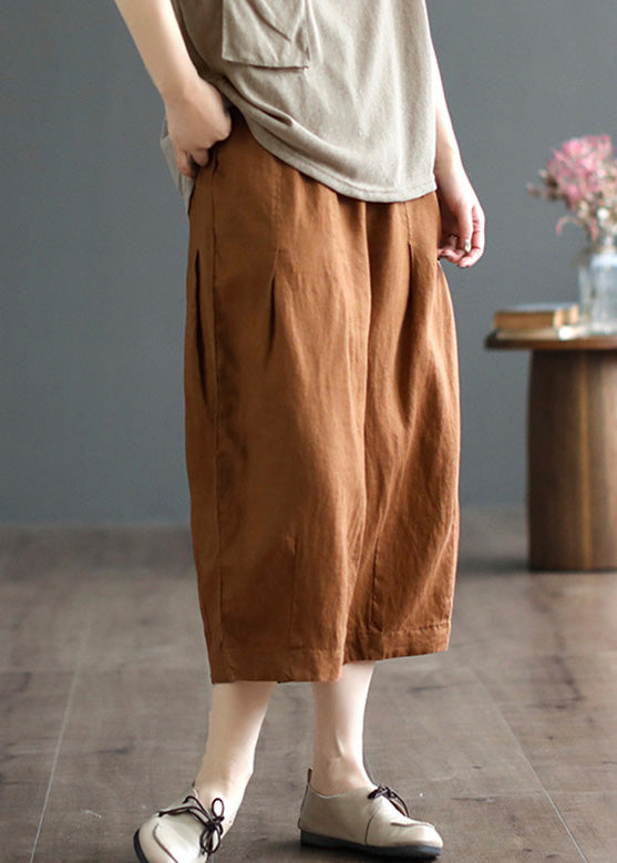 Casual Army Green Pockets Elastic Waist Cozy Linen Wide Leg Pants Summer